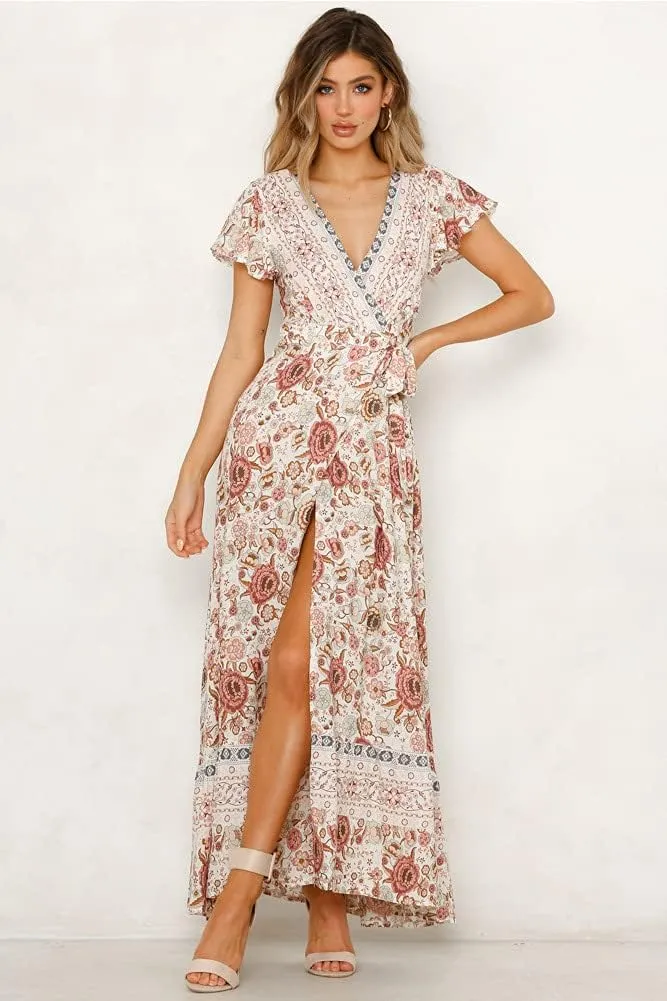 Women's Bohemian Dresses Short Sleeve Wrap V Neck Dress Summer Floral Print Dress Split Beach Party Maxi Dress