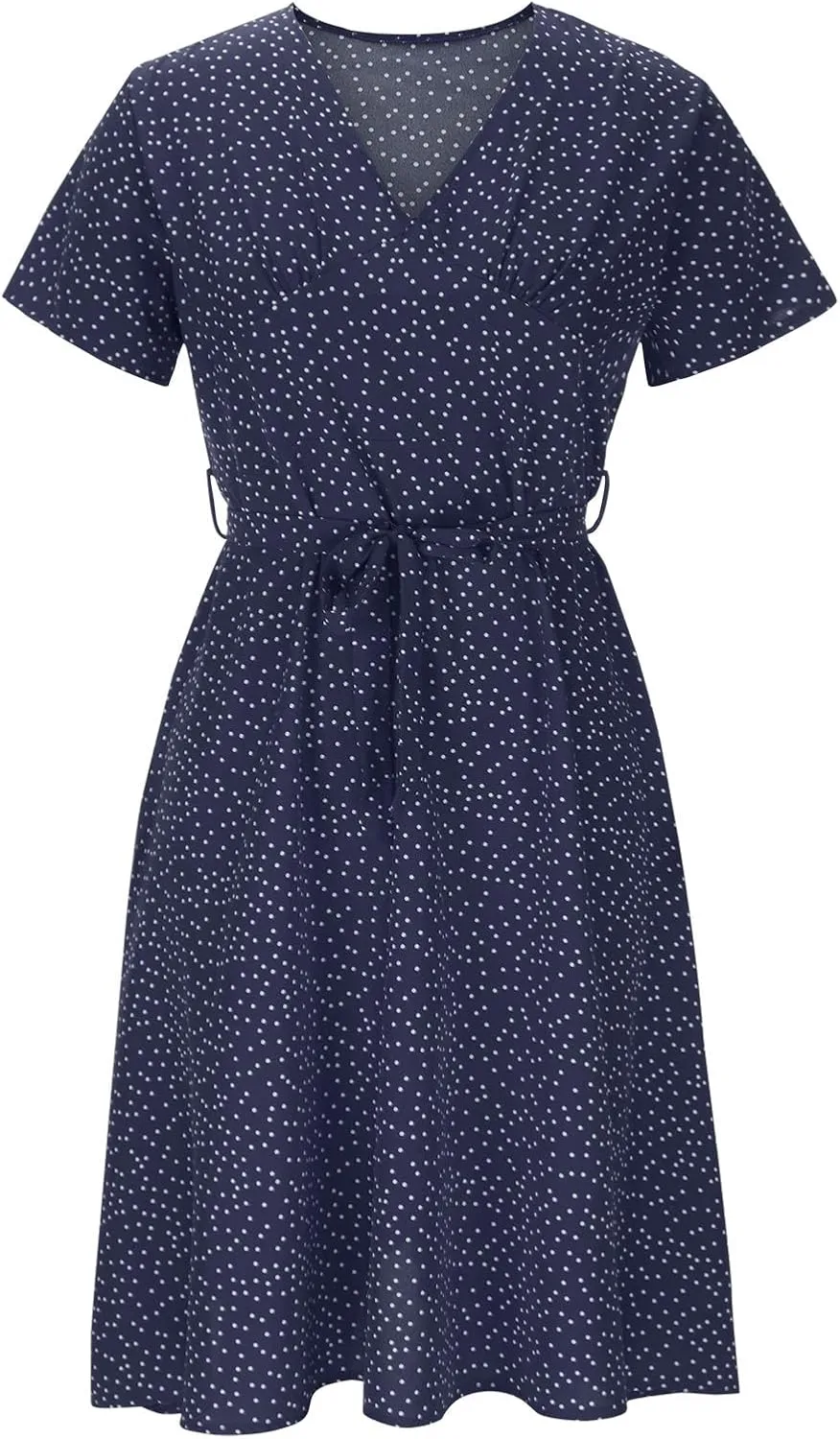 Womens Boho Dresses Summer Flowy V Neck Puff Short Sleeve Midi Dress Trendy Color Block Floral Smocked Beach Dress