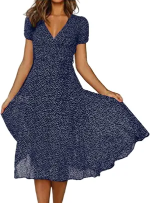 Womens Boho Dresses Summer Flowy V Neck Puff Short Sleeve Midi Dress Trendy Color Block Floral Smocked Beach Dress