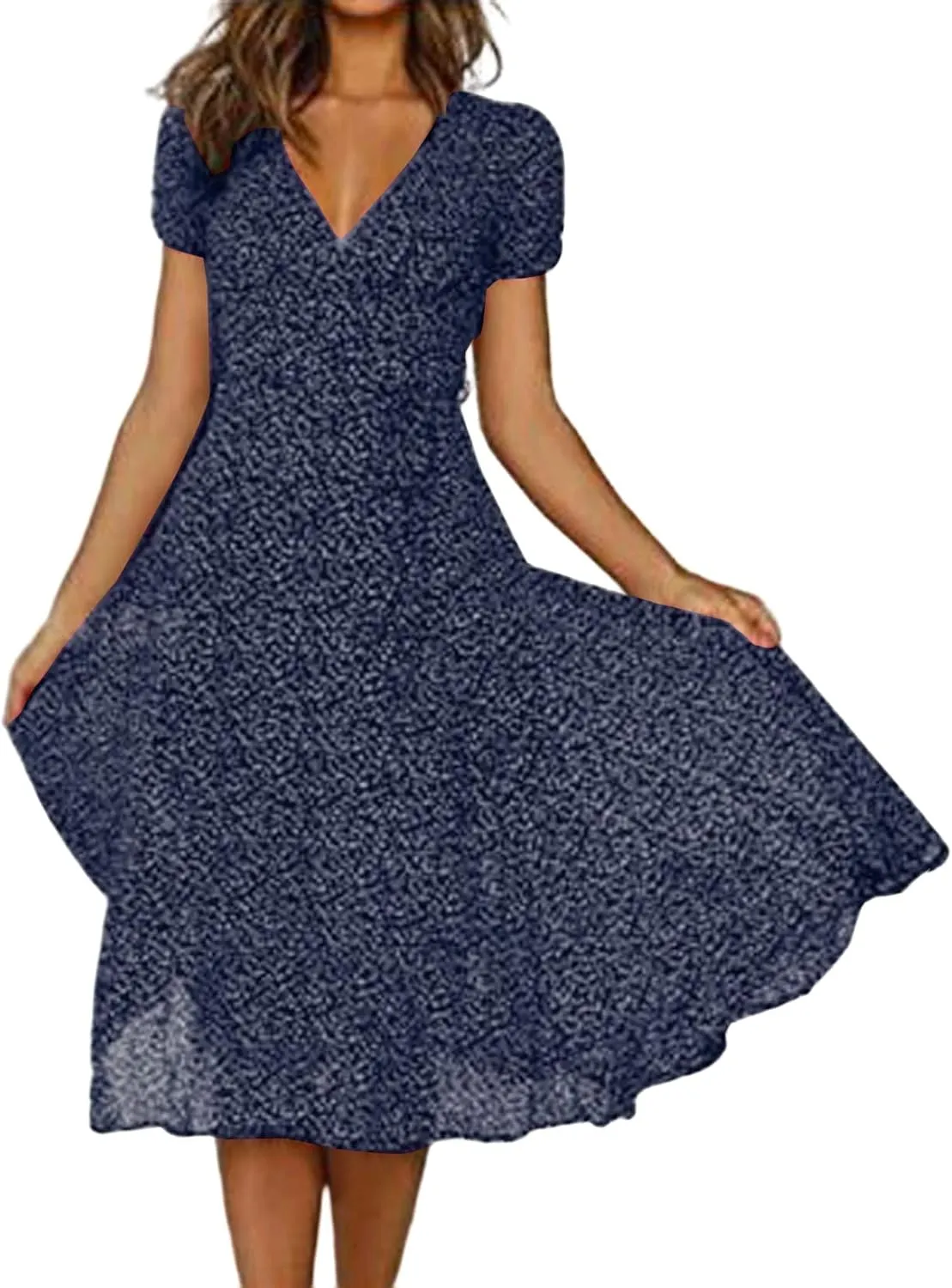 Womens Boho Dresses Summer Flowy V Neck Puff Short Sleeve Midi Dress Trendy Color Block Floral Smocked Beach Dress