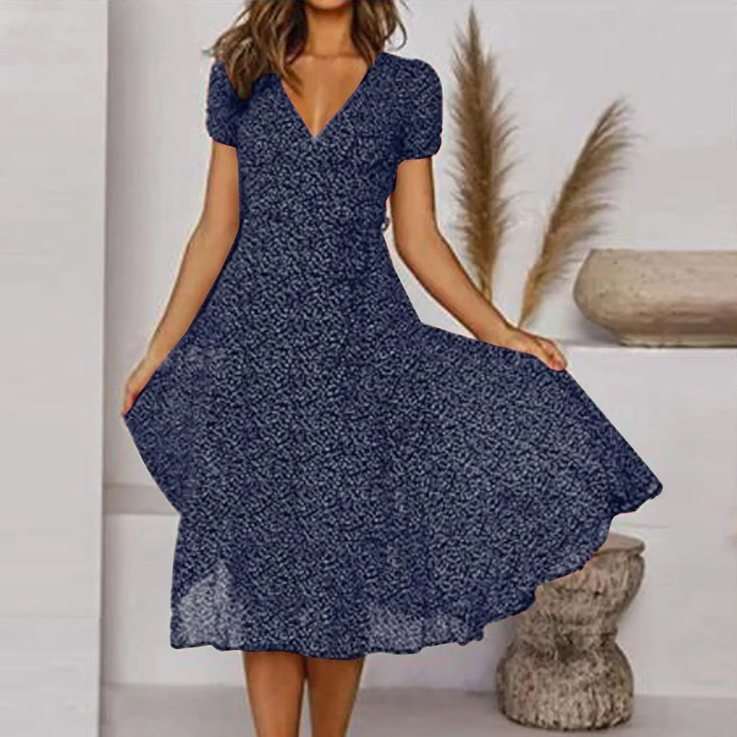Womens Boho Dresses Summer Flowy V Neck Puff Short Sleeve Midi Dress Trendy Color Block Floral Smocked Beach Dress