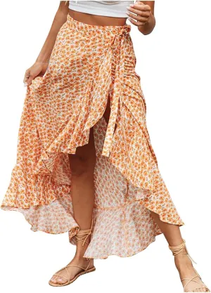 Womens Boho Midi Skirts Ruffle Wrap Skirts High Waisted Floral Skirts Split Beach Skirts Long Flowy Skirt Resort Wear