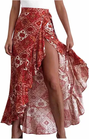 Womens Boho Midi Skirts Ruffle Wrap Skirts High Waisted Floral Skirts Split Beach Skirts Long Flowy Skirt Resort Wear