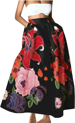 Women's Boho Skirts Vintage Dressy Loose Fit Floral Printed Skirts Trendy High Waist Flowy Swing Maxi Skirts Pockets