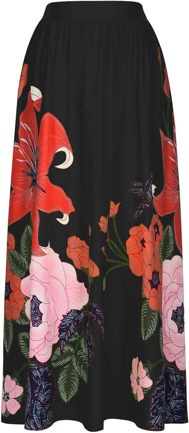 Women's Boho Skirts Vintage Dressy Loose Fit Floral Printed Skirts Trendy High Waist Flowy Swing Maxi Skirts Pockets