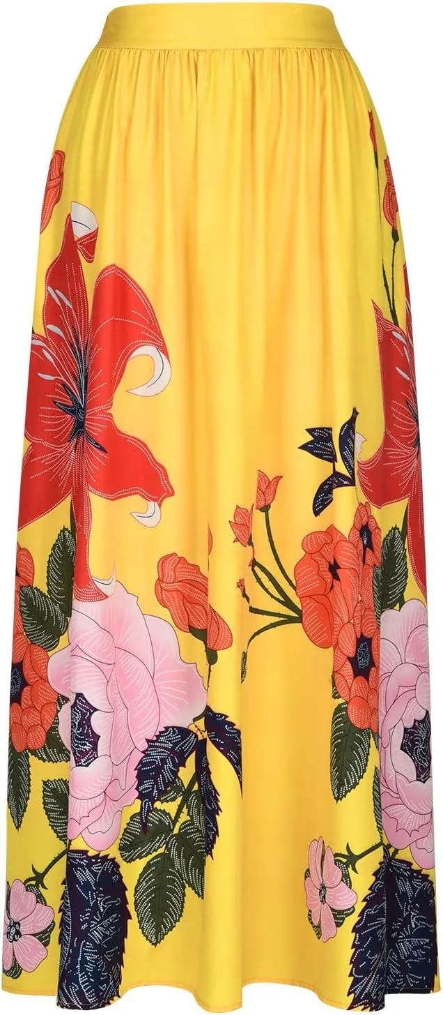 Women's Boho Skirts Vintage Dressy Loose Fit Floral Printed Skirts Trendy High Waist Flowy Swing Maxi Skirts Pockets