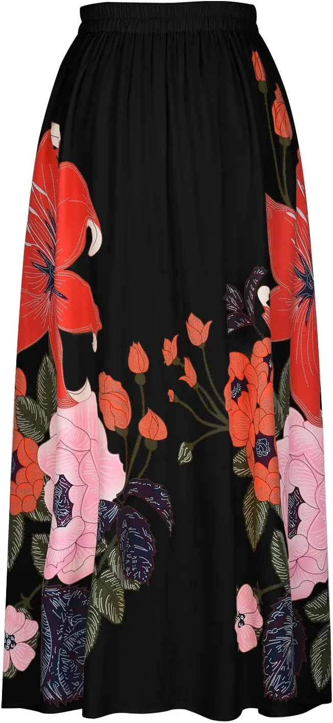 Women's Boho Skirts Vintage Dressy Loose Fit Floral Printed Skirts Trendy High Waist Flowy Swing Maxi Skirts Pockets