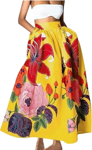 Women's Boho Skirts Vintage Dressy Loose Fit Floral Printed Skirts Trendy High Waist Flowy Swing Maxi Skirts Pockets