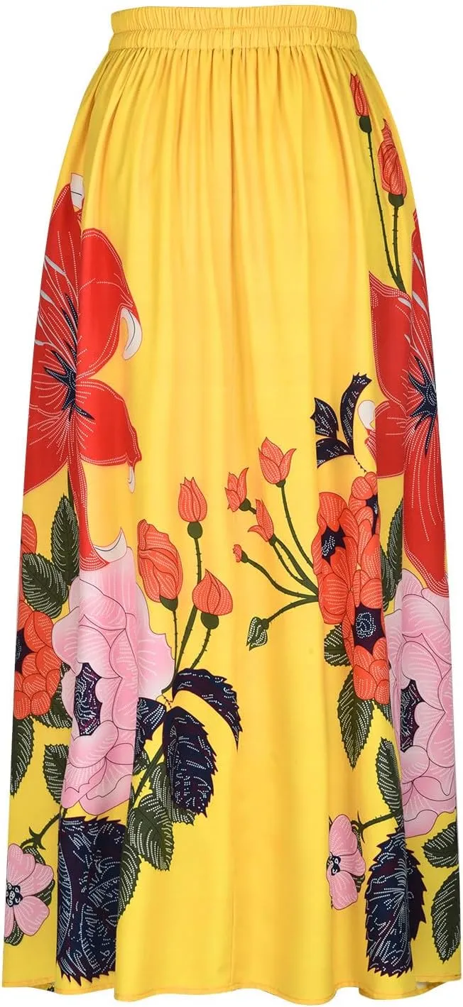 Women's Boho Skirts Vintage Dressy Loose Fit Floral Printed Skirts Trendy High Waist Flowy Swing Maxi Skirts Pockets