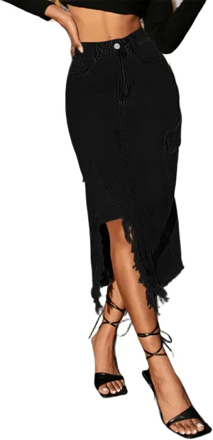 Womens Casual High Waisted Denim Midi Skirt Slit Frayed Raw Hem Cargo Jean Skirts with Pockets
