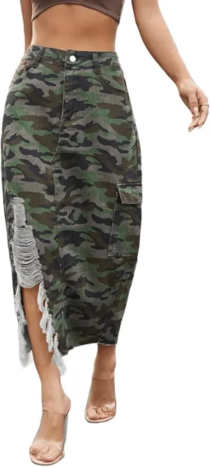 Womens Casual High Waisted Denim Midi Skirt Slit Frayed Raw Hem Cargo Jean Skirts with Pockets