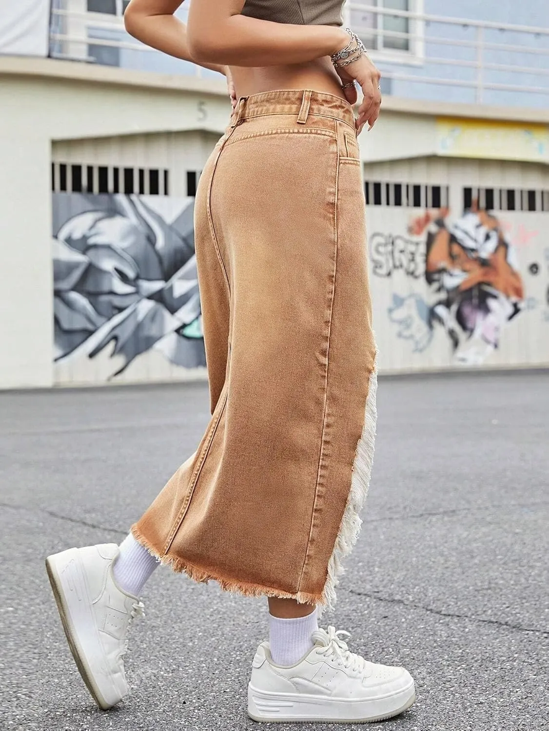 Womens Casual High Waisted Denim Midi Skirt Slit Frayed Raw Hem Cargo Jean Skirts with Pockets