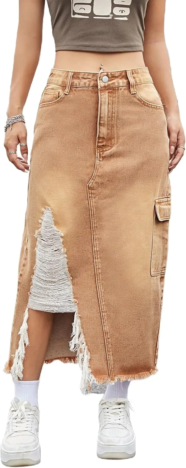 Womens Casual High Waisted Denim Midi Skirt Slit Frayed Raw Hem Cargo Jean Skirts with Pockets