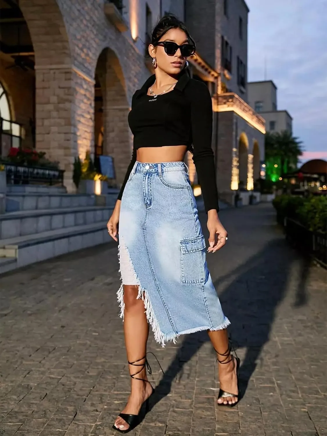 Womens Casual High Waisted Denim Midi Skirt Slit Frayed Raw Hem Cargo Jean Skirts with Pockets