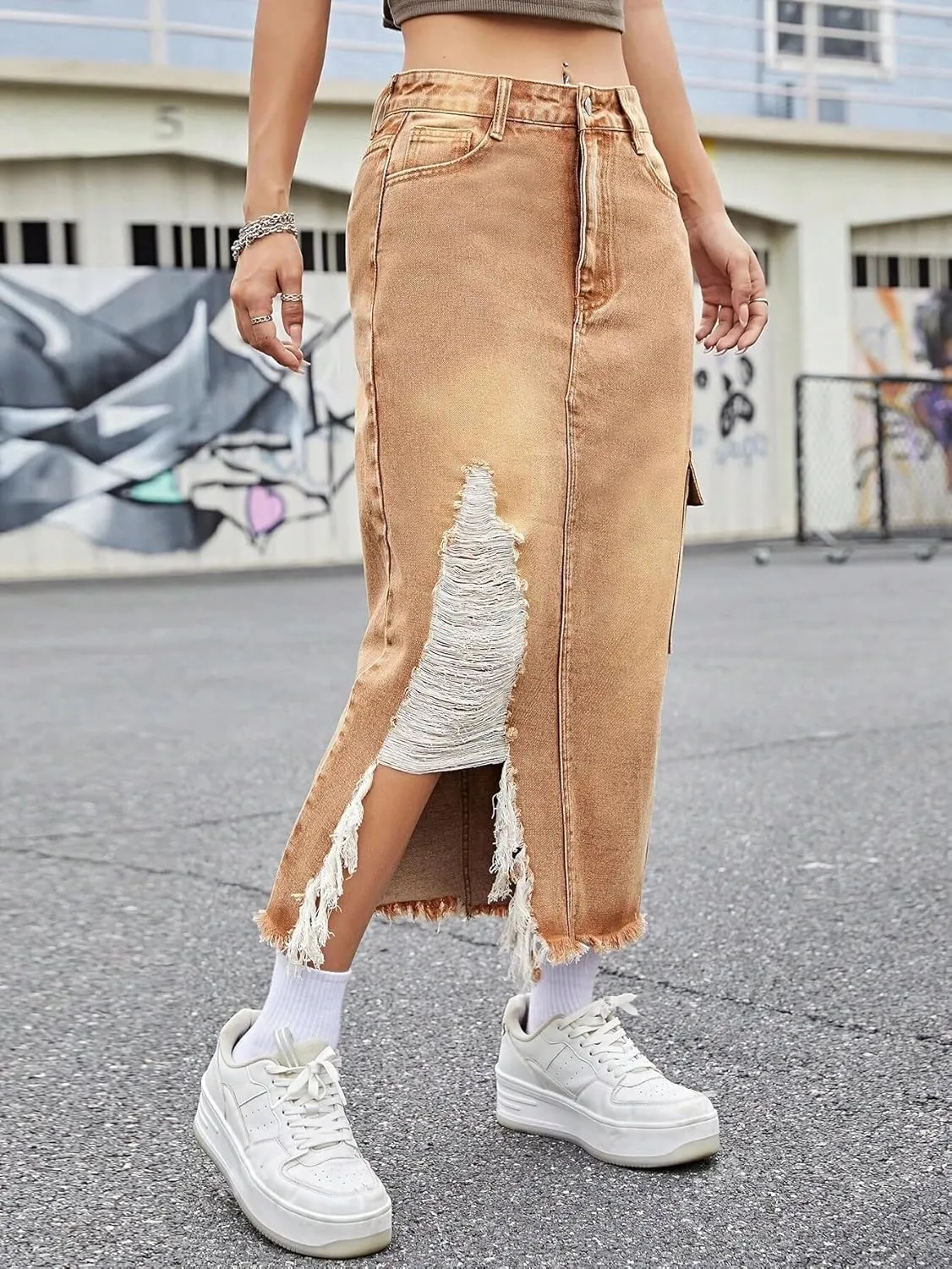 Womens Casual High Waisted Denim Midi Skirt Slit Frayed Raw Hem Cargo Jean Skirts with Pockets
