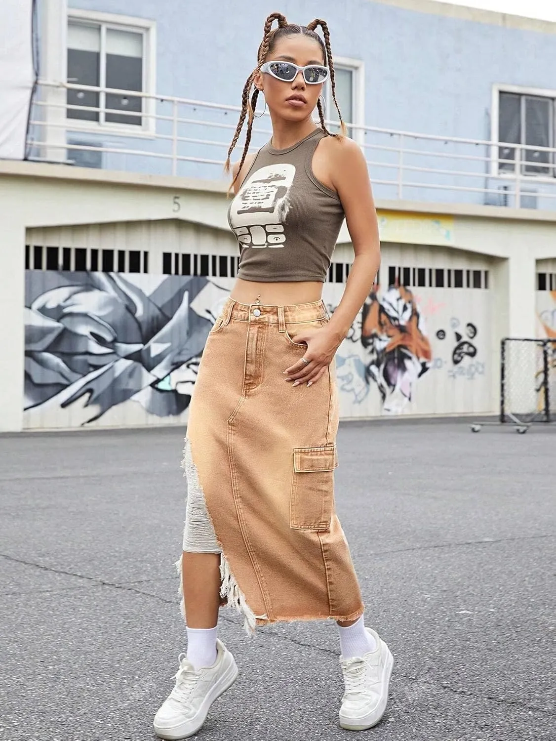 Womens Casual High Waisted Denim Midi Skirt Slit Frayed Raw Hem Cargo Jean Skirts with Pockets