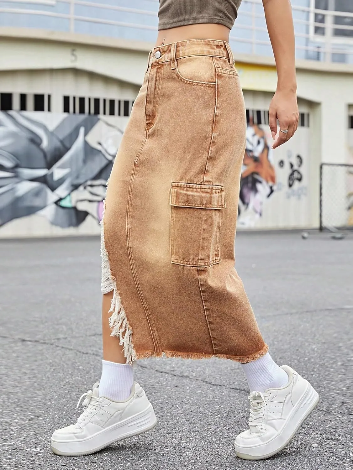 Womens Casual High Waisted Denim Midi Skirt Slit Frayed Raw Hem Cargo Jean Skirts with Pockets