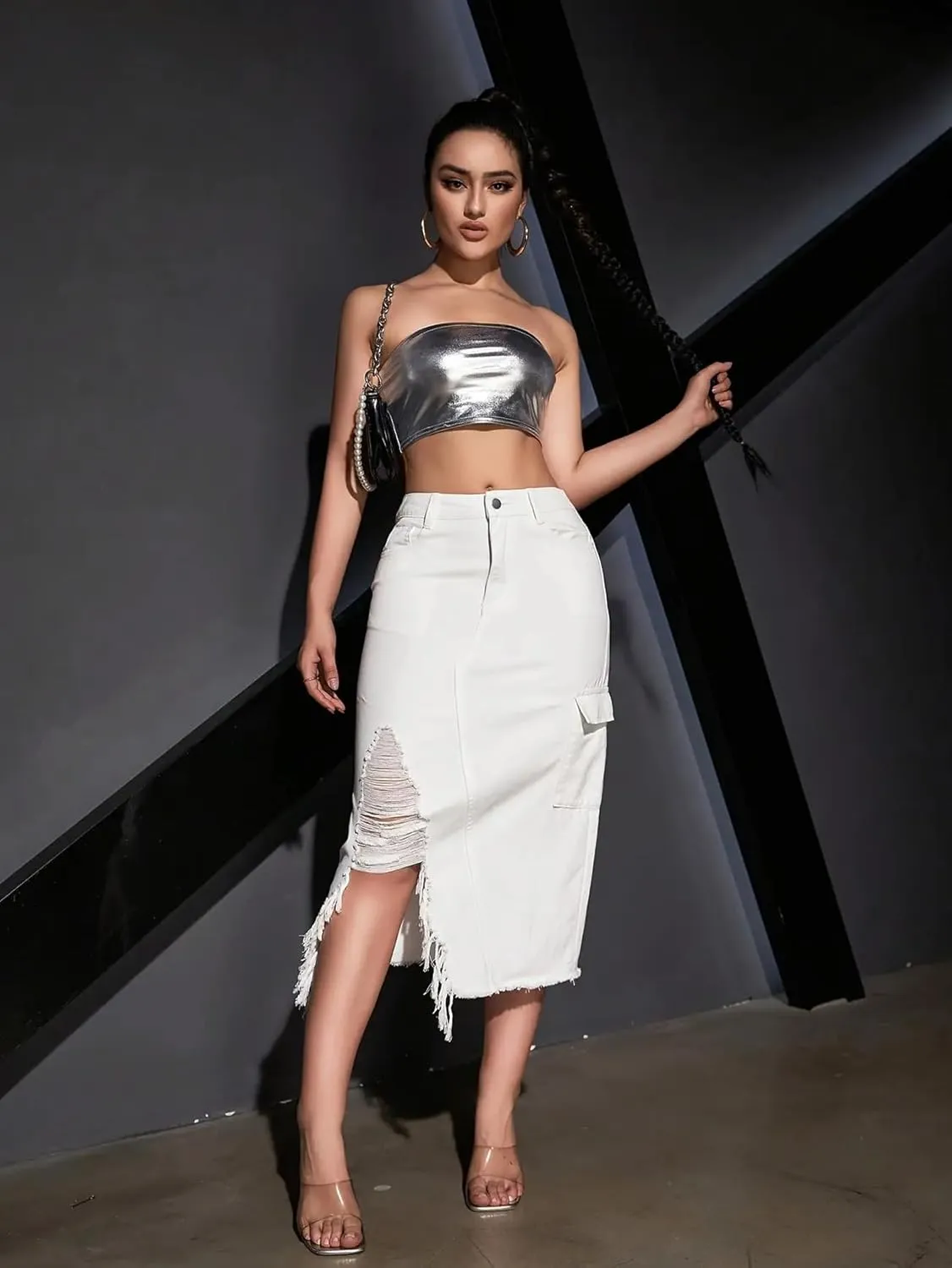 Womens Casual High Waisted Denim Midi Skirt Slit Frayed Raw Hem Cargo Jean Skirts with Pockets
