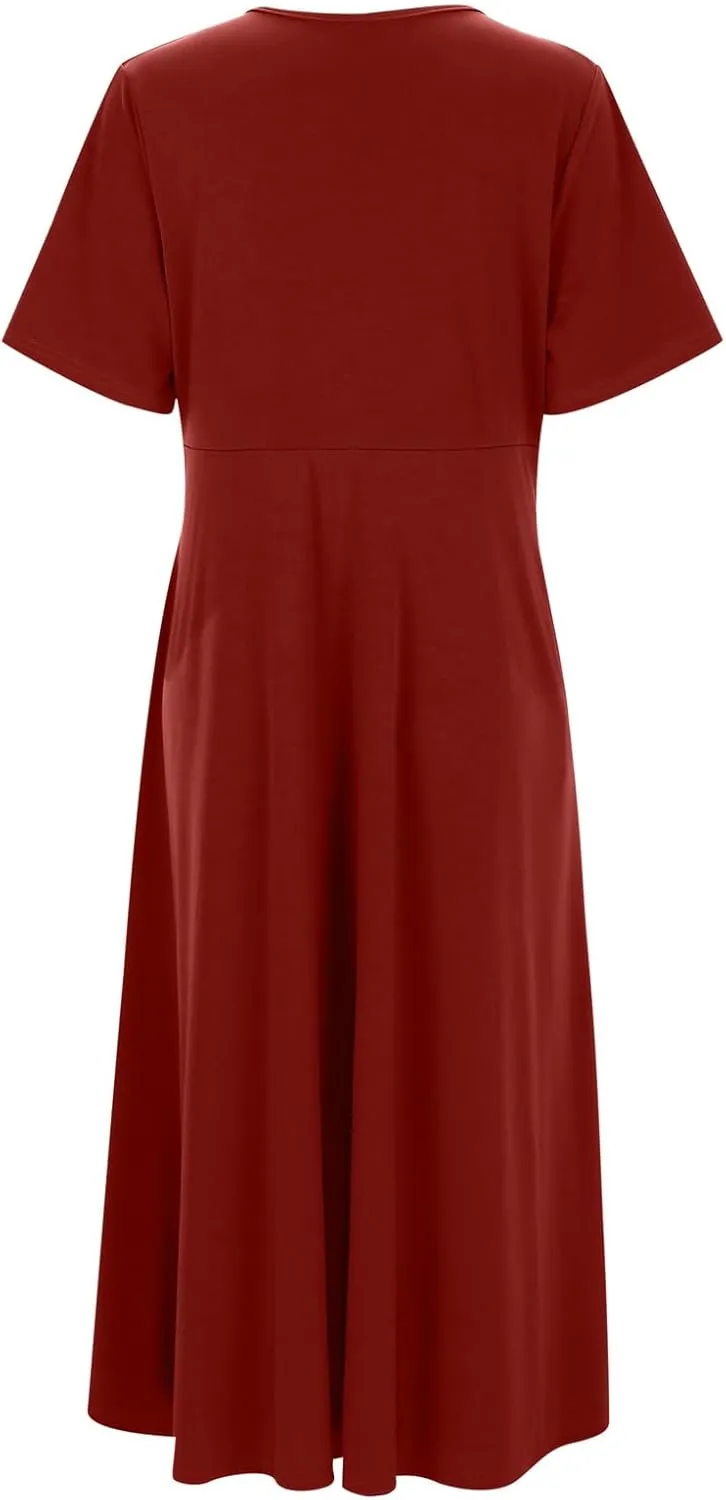 Women's Casual V Neck Short Sleeved Pleated Loose Vintage Beach Long Skirt Translucent Elegant Comfy for Women