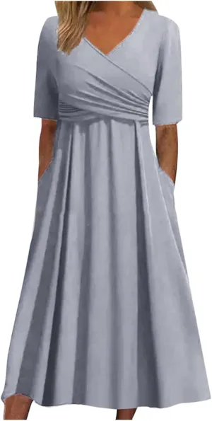 Women's Casual V Neck Short Sleeved Pleated Loose Vintage Beach Long Skirt Translucent Elegant Comfy for Women