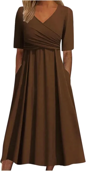 Women's Casual V Neck Short Sleeved Pleated Loose Vintage Beach Long Skirt Translucent Elegant Comfy for Women