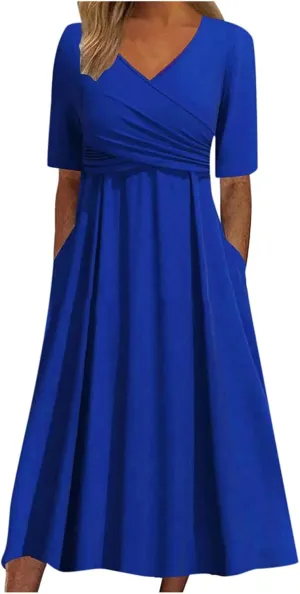 Women's Casual V Neck Short Sleeved Pleated Loose Vintage Beach Long Skirt Translucent Elegant Comfy for Women