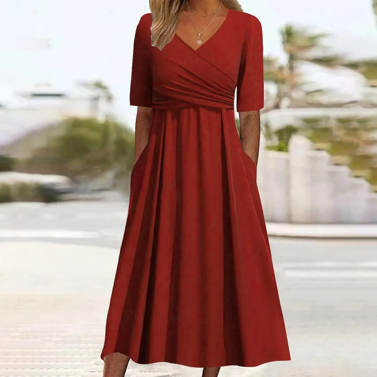 Women's Casual V Neck Short Sleeved Pleated Loose Vintage Beach Long Skirt Translucent Elegant Comfy for Women