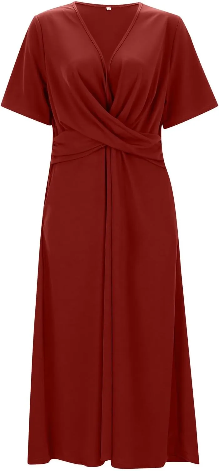Women's Casual V Neck Short Sleeved Pleated Loose Vintage Beach Long Skirt Translucent Elegant Comfy for Women