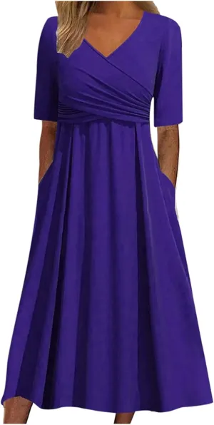 Women's Casual V Neck Short Sleeved Pleated Loose Vintage Beach Long Skirt Translucent Elegant Comfy for Women