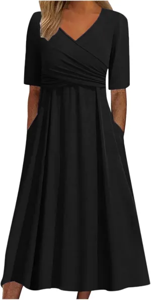 Women's Casual V Neck Short Sleeved Pleated Loose Vintage Beach Long Skirt Translucent Elegant Comfy for Women