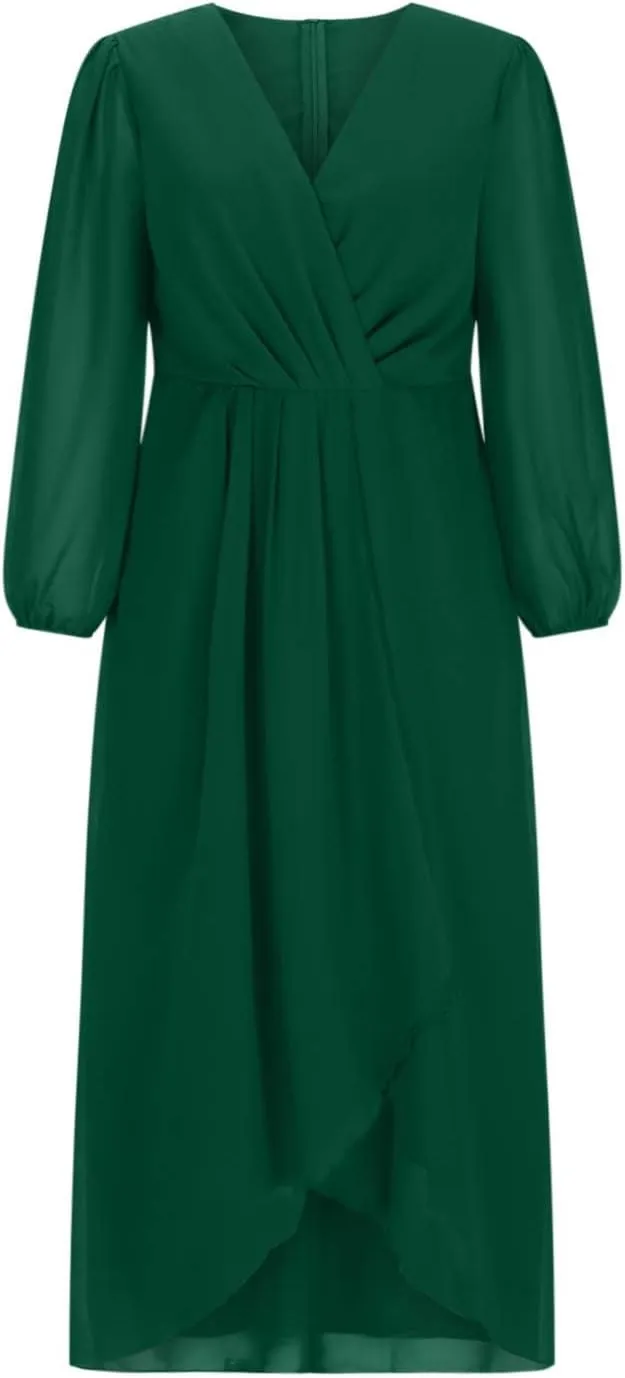 Womens Chiffon Midi Dress Sexy V Neck 3/4 Sleeve Wedding Dress Solid Color High Waist Long Dress Fashion Flowy Dress