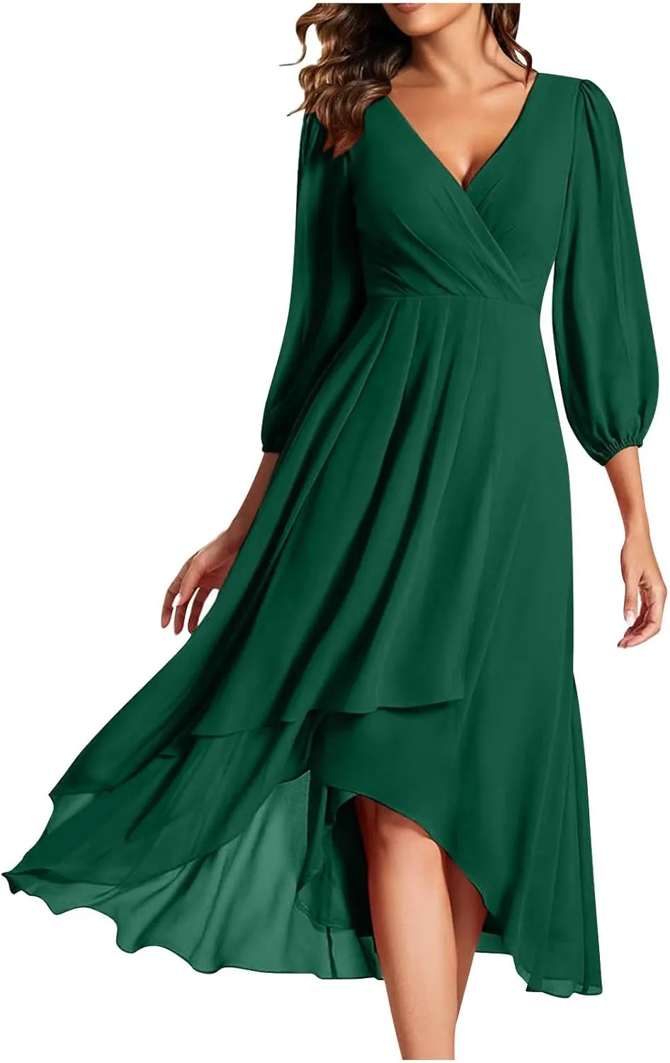 Womens Chiffon Midi Dress Sexy V Neck 3/4 Sleeve Wedding Dress Solid Color High Waist Long Dress Fashion Flowy Dress
