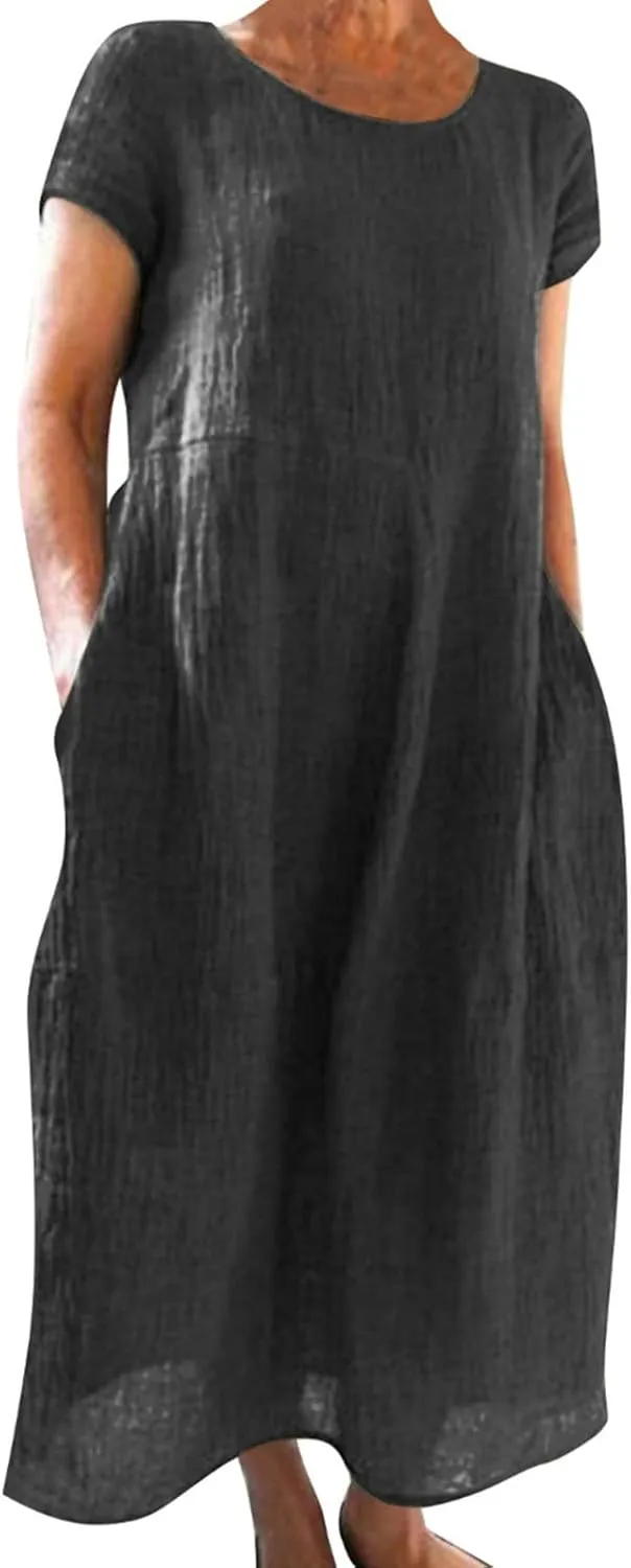 Womens Cotton Linen Dresses Summer Short Sleeve Comfy Travel Sundresses Maxi Beach Dress Vacation Clothes 2025 Plus Size