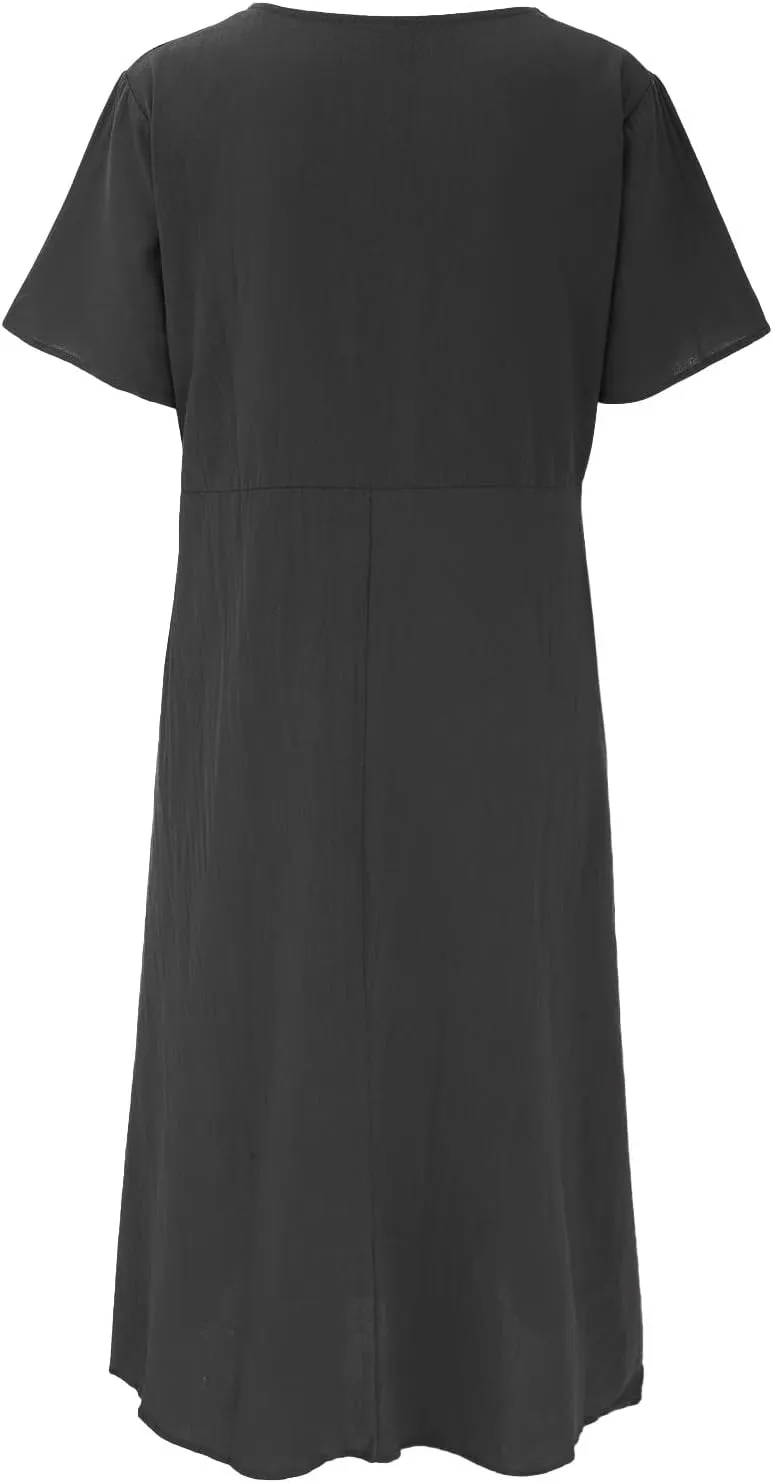 Womens Cotton Linen Dresses Summer Short Sleeve Comfy Travel Sundresses Maxi Beach Dress Vacation Clothes 2025 Plus Size