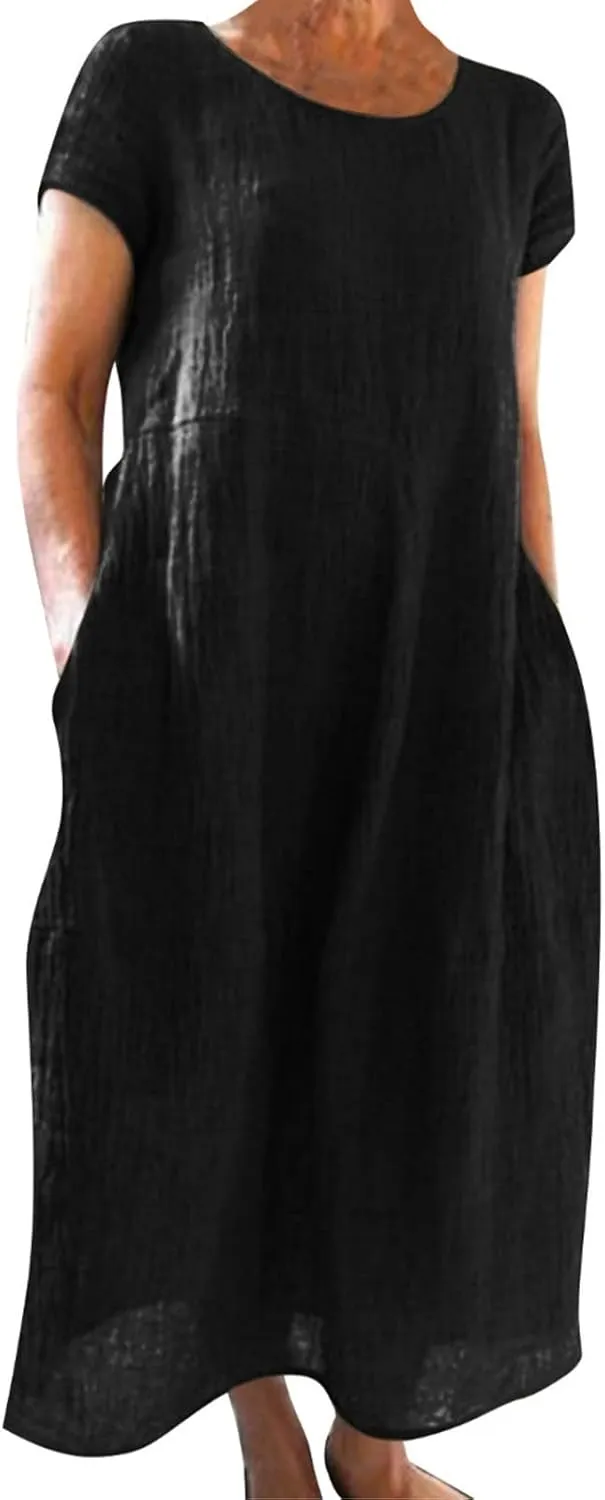 Womens Cotton Linen Dresses Summer Short Sleeve Comfy Travel Sundresses Maxi Beach Dress Vacation Clothes 2025 Plus Size