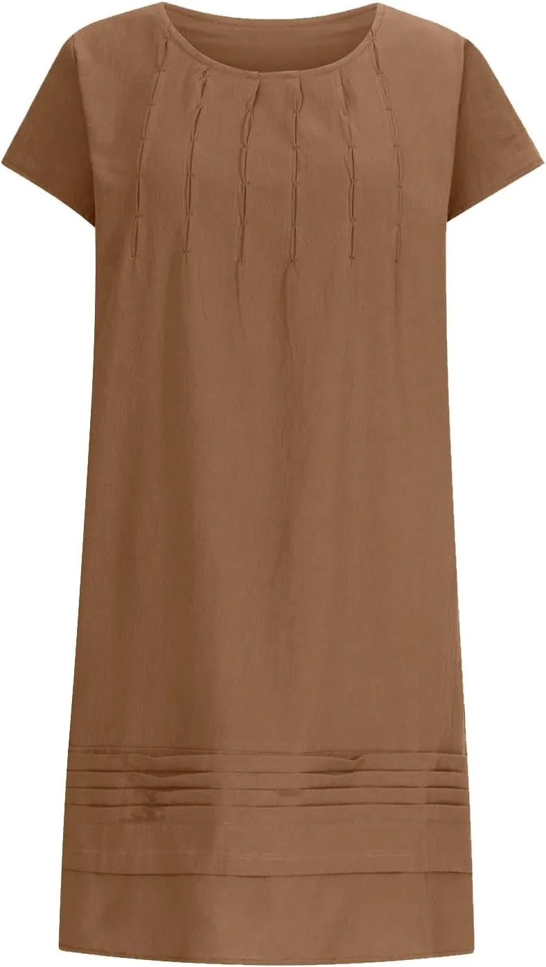 Women's Cotton Linen Summer Dresses 2024 Sleeveless Pleated Dress Casual Knee Length Dress Comfy Summer Lounge Outfits