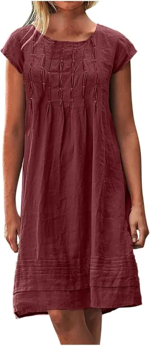 Women's Cotton Linen Summer Dresses 2024 Sleeveless Pleated Dress Casual Knee Length Dress Comfy Summer Lounge Outfits