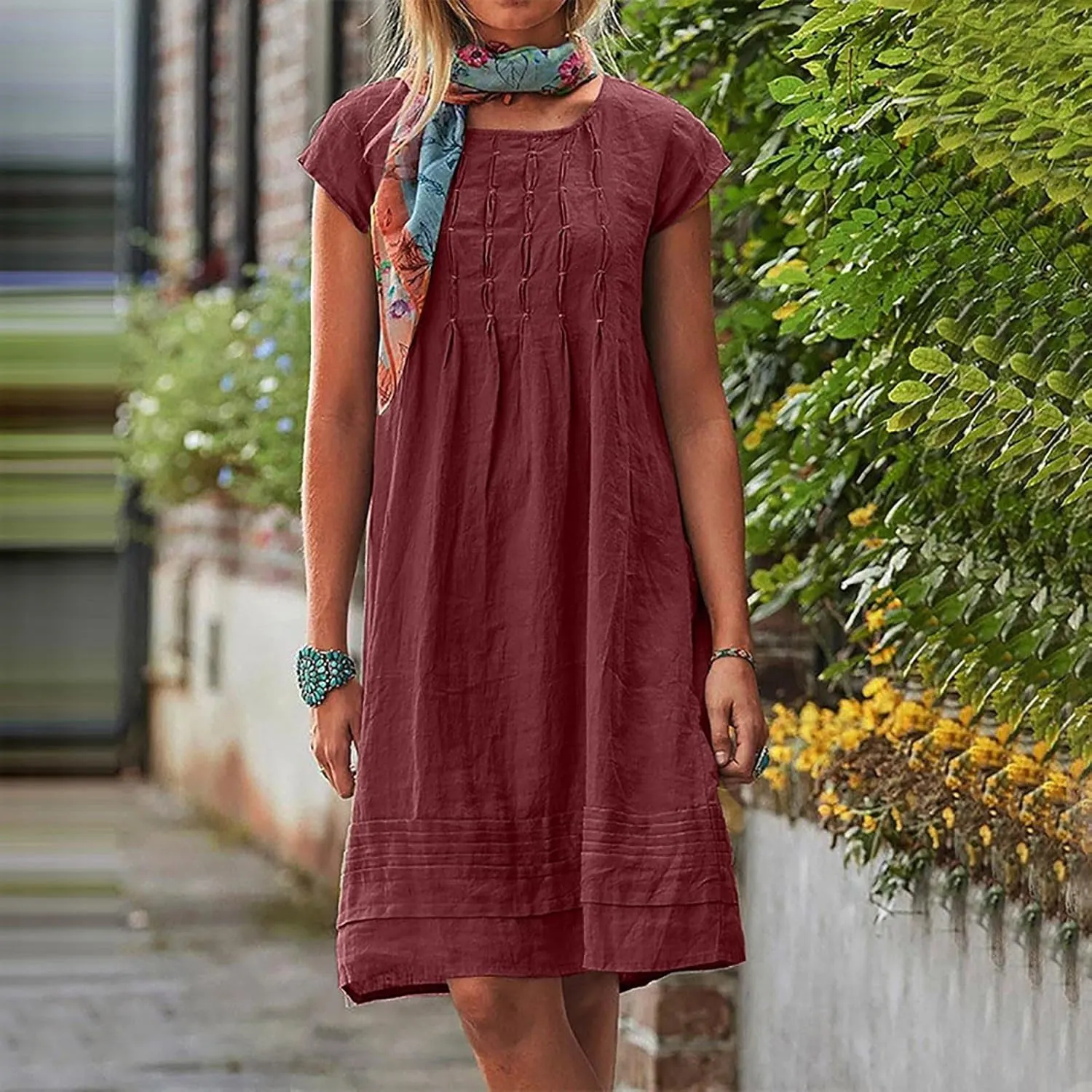 Women's Cotton Linen Summer Dresses 2024 Sleeveless Pleated Dress Casual Knee Length Dress Comfy Summer Lounge Outfits