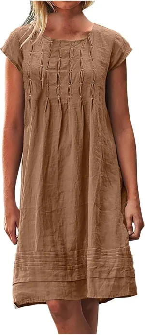 Women's Cotton Linen Summer Dresses 2024 Sleeveless Pleated Dress Casual Knee Length Dress Comfy Summer Lounge Outfits
