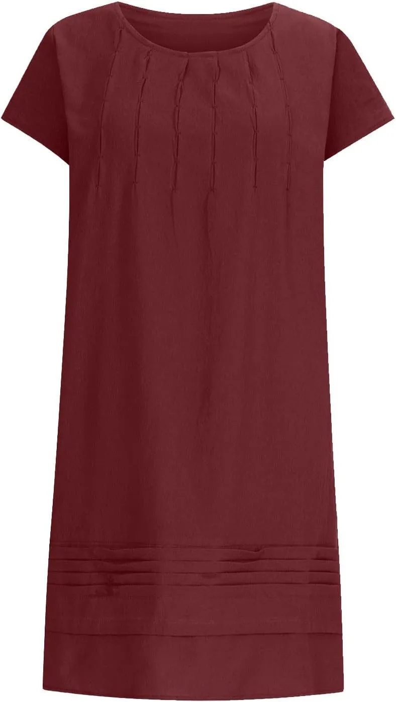 Women's Cotton Linen Summer Dresses 2024 Sleeveless Pleated Dress Casual Knee Length Dress Comfy Summer Lounge Outfits