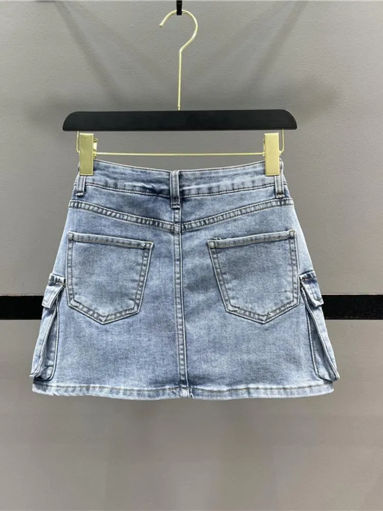 Women's Denim Cargo Skirt with Pocket Patchwork,Loose High-Waisted Wrap Hip,Trendy Summer Style