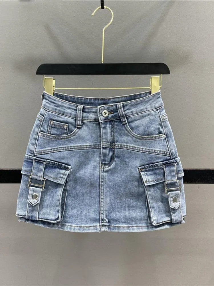 Women's Denim Cargo Skirt with Pocket Patchwork,Loose High-Waisted Wrap Hip,Trendy Summer Style