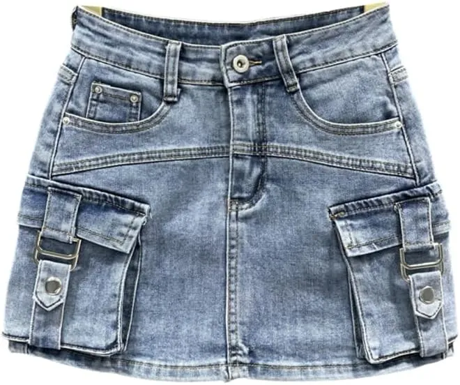 Women's Denim Cargo Skirt with Pocket Patchwork,Loose High-Waisted Wrap Hip,Trendy Summer Style