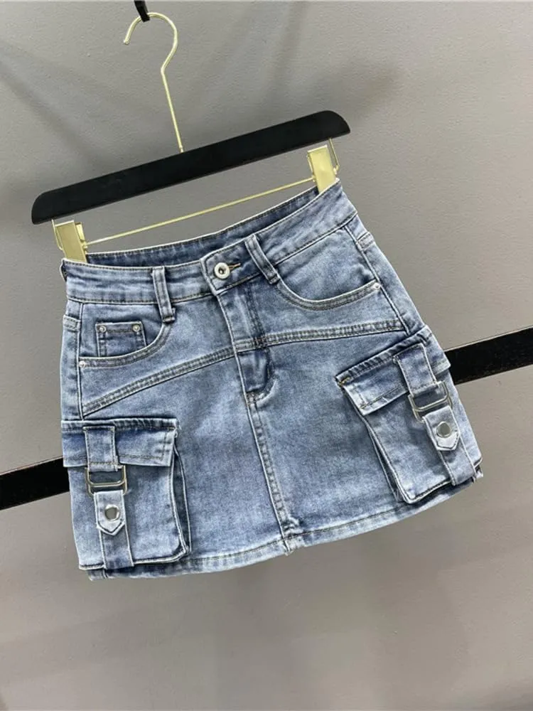 Women's Denim Cargo Skirt with Pocket Patchwork,Loose High-Waisted Wrap Hip,Trendy Summer Style