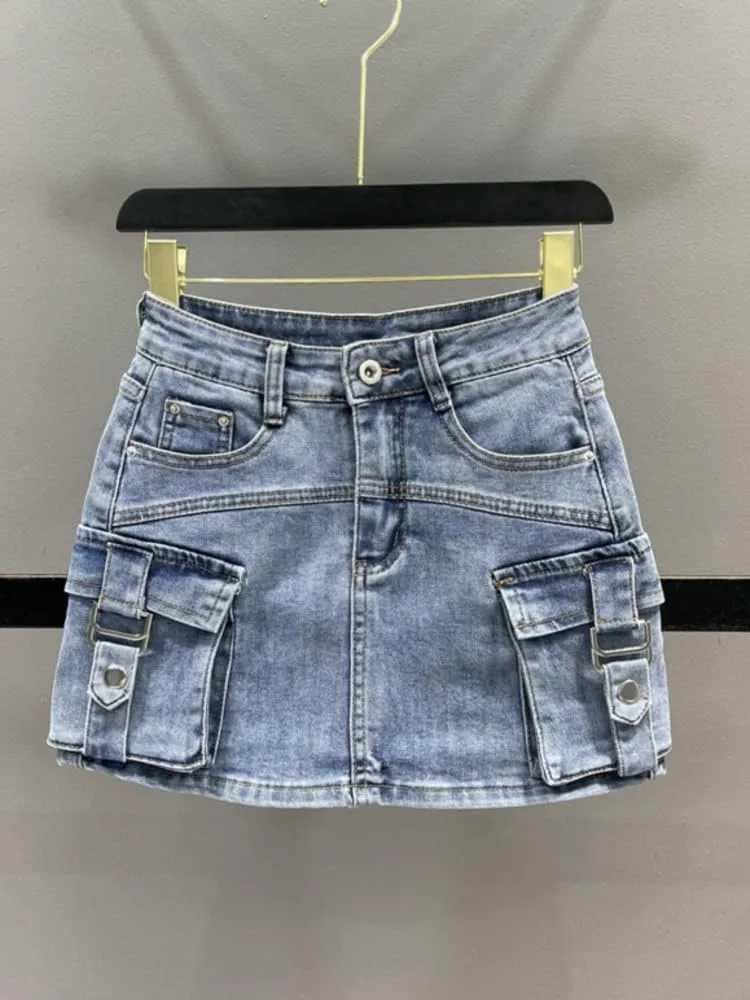 Women's Denim Cargo Skirt with Pocket Patchwork,Loose High-Waisted Wrap Hip,Trendy Summer Style