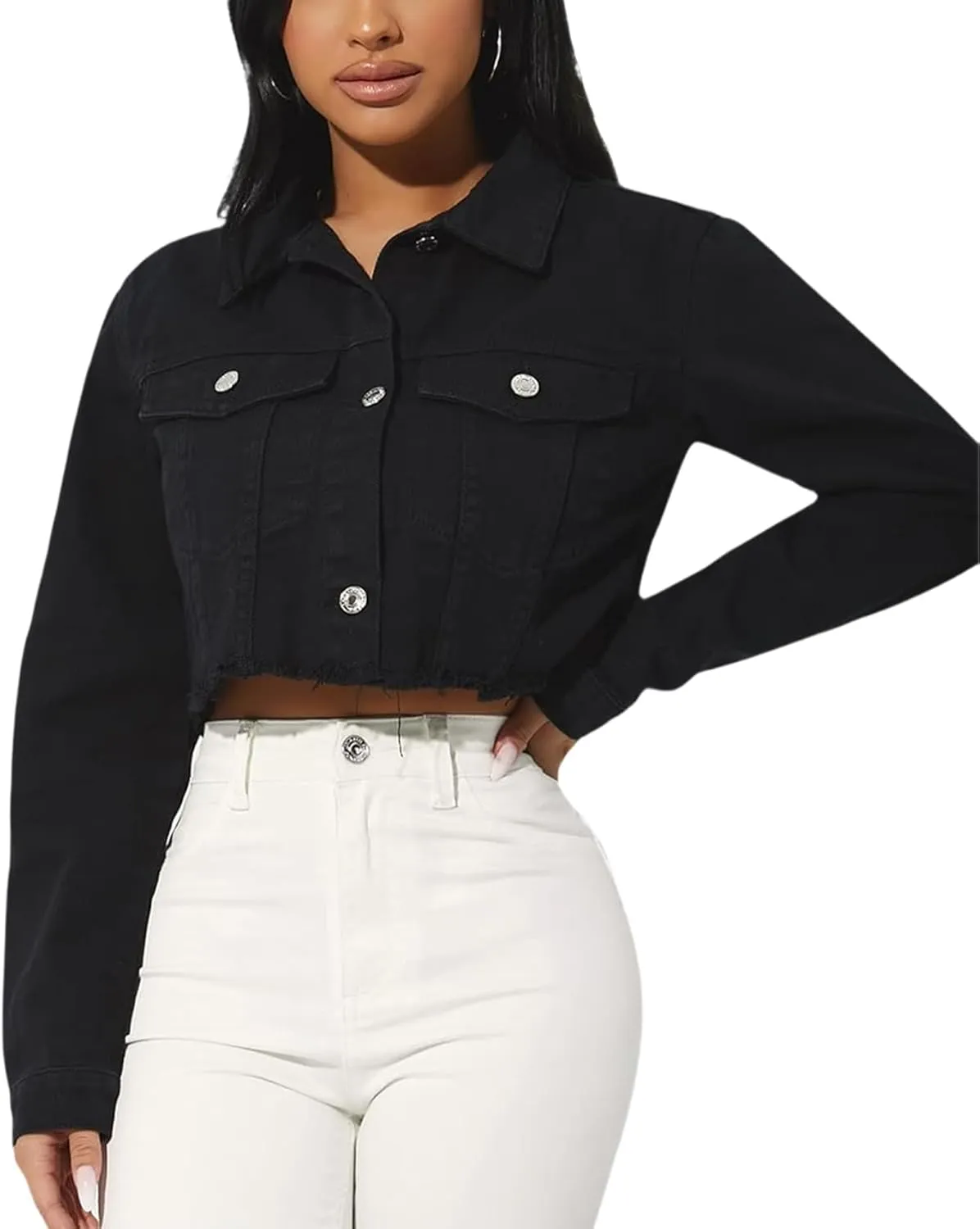 Women's Denim Jackets Cropped Jean Jacket Long Sleeve Casual Button Down Crop Jean Jacket