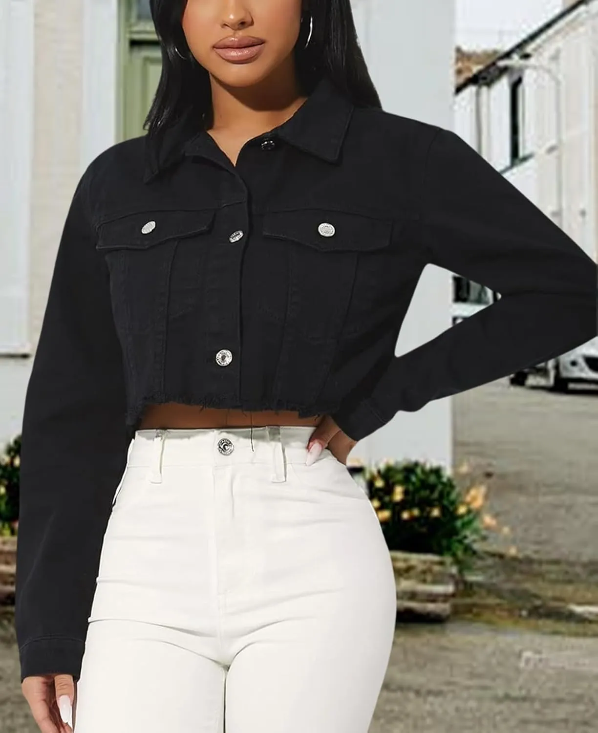 Women's Denim Jackets Cropped Jean Jacket Long Sleeve Casual Button Down Crop Jean Jacket