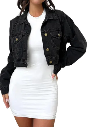 Women's Denim Jackets Cropped Jean Jacket Long Sleeve Casual Button Down Crop Jean Jacket