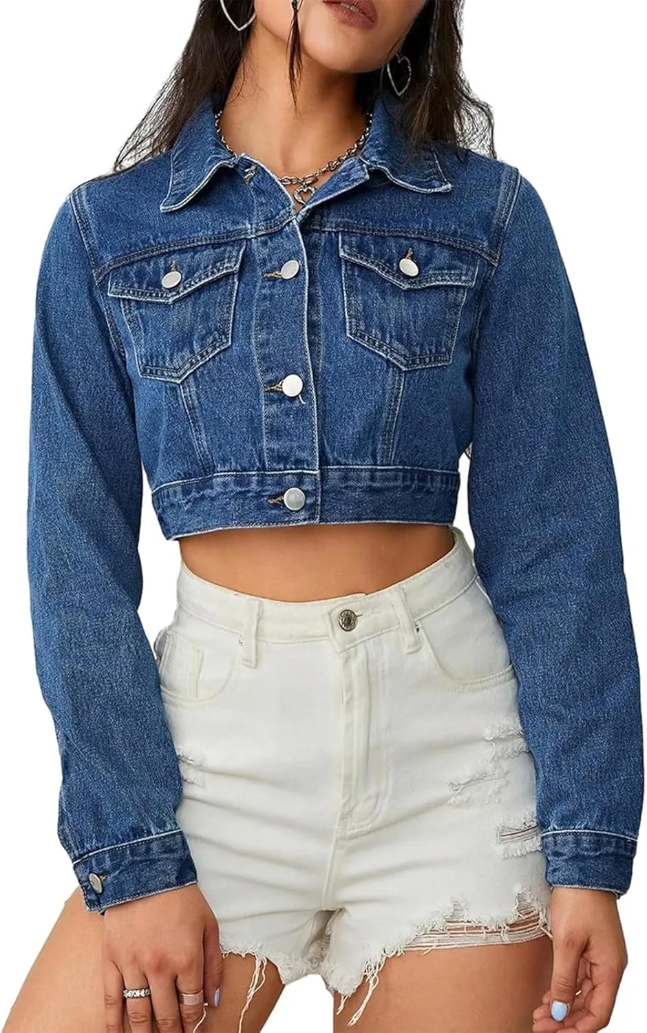 Women's Denim Jackets Cropped Jean Jacket Long Sleeve Casual Button Down Crop Jean Jacket