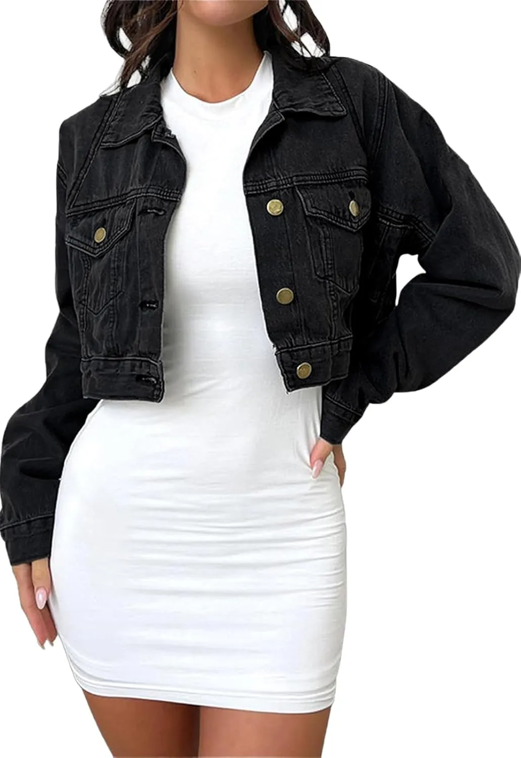 Women's Denim Jackets Cropped Jean Jacket Long Sleeve Casual Button Down Crop Jean Jacket